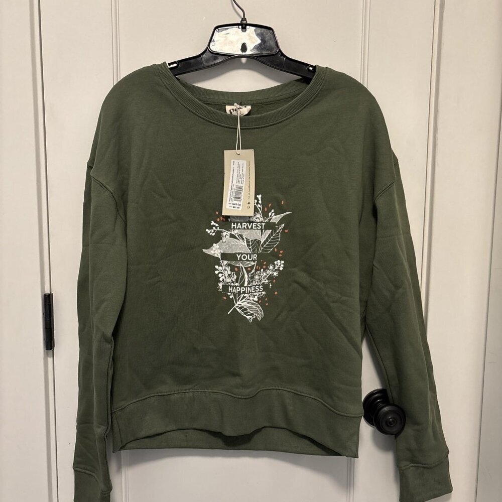 Pact Women’s Harvest Happiness Graphic Slouchy Sweatshirt Green Fleece Small